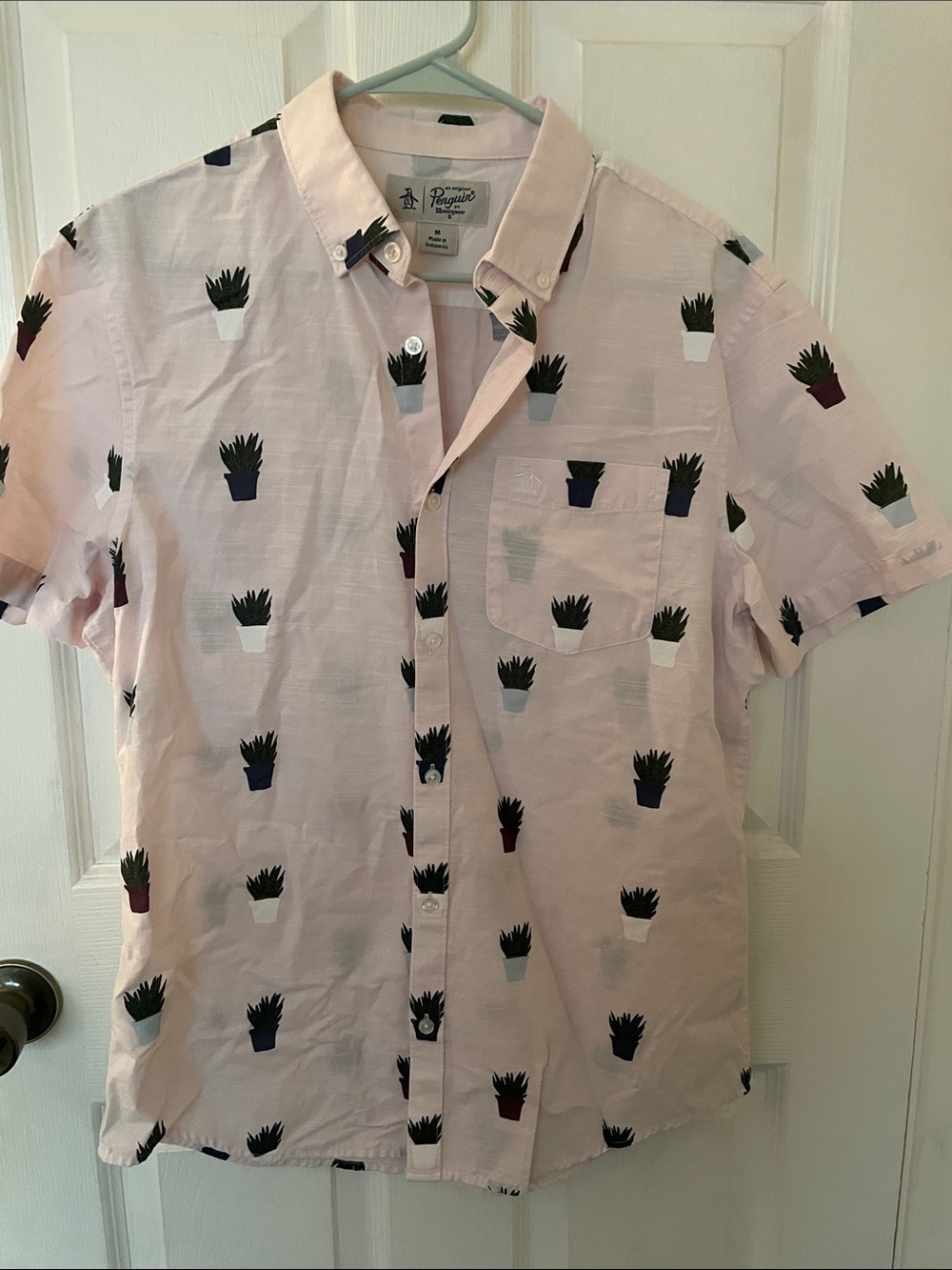 Original Penguin Pink Short-Sleeve Button-Down with Potted Plant Print